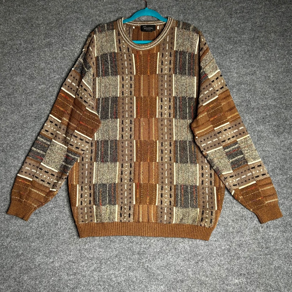 Tosani Canada‎ Vintage 90s Textured Knit Sweater Men XL Brown Geometric Coogi